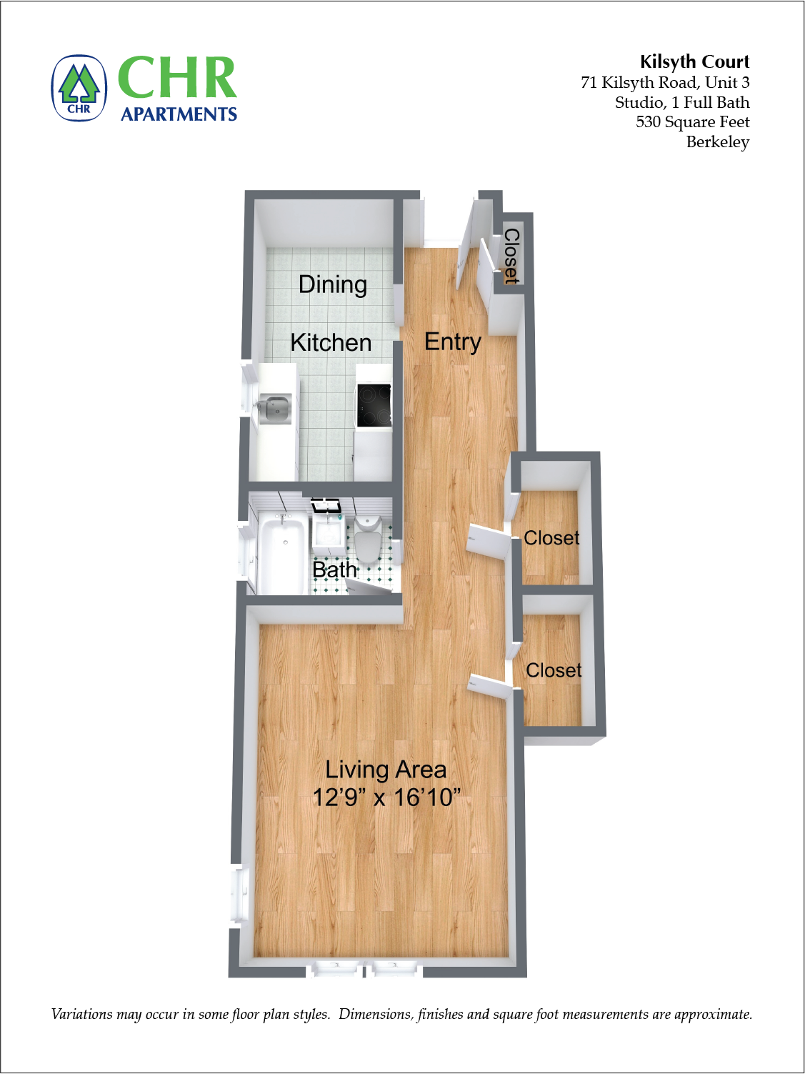 Floor plan for studio, 1 bath, 560 sqft